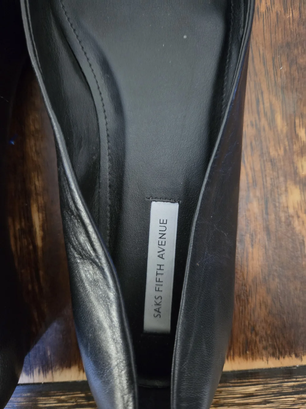 Saks Fifth Avenue Black Leather Flats with Patent Black Cap Toe